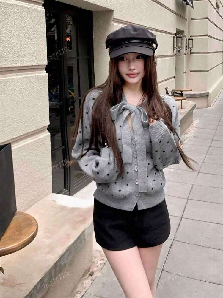 秋冬ニットカーディガントップ ちょう結びグレードット ユニークレディースカーディガン - 単独で着用可 通勤 通学 普段着 - グレー - 見る 4