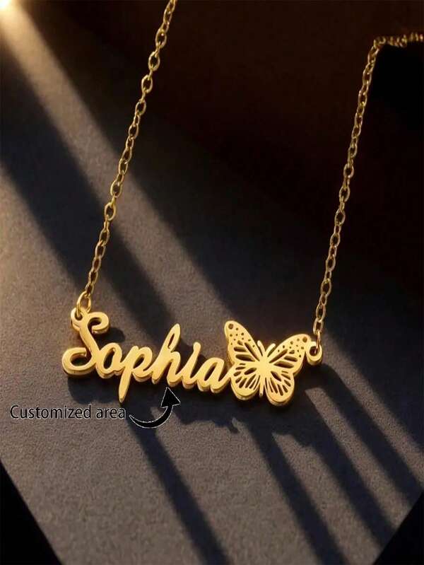Collar con colgante de mariposa dorada personalizado - Elegante joyería de acero inoxidable para niñas con nombre personalizado, perfecto para uso casual y como regalo, regalo personalizado | Diseño elegante | Patrón de mariposa