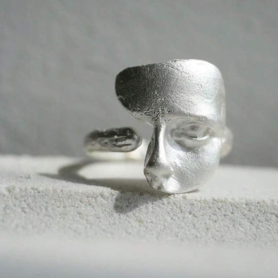 1 Textured Open-Face Mask Ring - Adjustable Custom Mask Ring With Matte Finish Design Jewelry - Silver - View 1