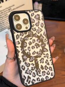 1pc Transparent Black Magnetic Protective Case Compatible With Iphone 16/17 Pro Max, Soft Edge Hard Back Cover Compatible With Iphone 15 Pro/13, 11/12/14, Leopard Print Convenient Phone Case Compatible With Iphone 16e, Galaxy S25/24