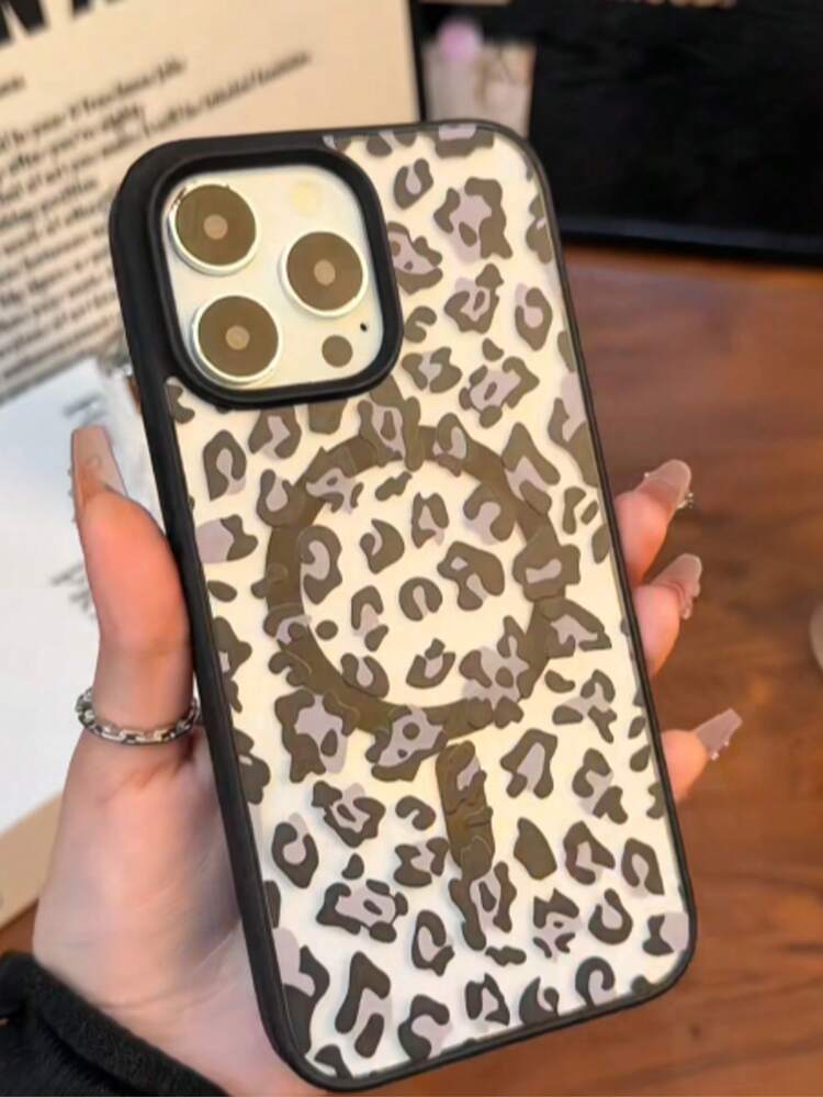 1pc Transparent Black Magnetic Protective Case Compatible With Iphone 16/17 Pro Max, Soft Edge Hard Back Cover Compatible With Iphone 15 Pro/13, 11/12/14, Leopard Print Convenient Phone Case Compatible With Iphone 16e, Galaxy S25/24 - Black Leopard Print - View 4