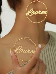 70mm Round Hoop Earrings With Customized Name Stainless Steel Gold Color Calligraphy Letter Handmade Exaggerated Personalized Jewelry - Gold - View 10