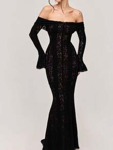 Off Shoulder Flared Long Sleeve Long Gowns Dresses - 黑色 - 查看 4