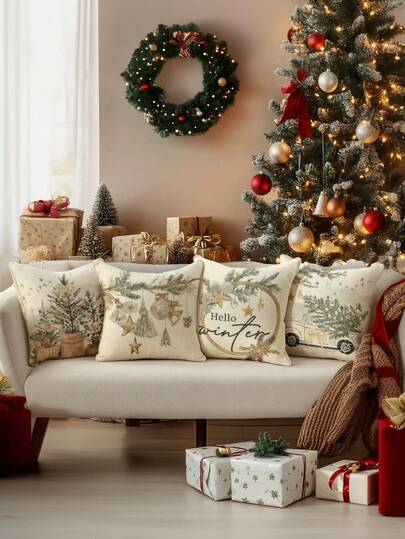 4pcs Christmas Themed Linen Blend Breathable Cushion Covers, Santa Claus, Christmas Numbers, Reindeer, Snowman, Snowflake, Christmas Decor, Merry Christmas, Christmas Decorations, Christmas Gifts, Hypoallergenic Polyester, Hidden Zipper, No Filling, For Home Decor, Living Room, Throw Pillow Cases, Pillow Covers, Cushions, Sofa Decorative Pillows, Sofa Covers, Home Decor, Soft Pads