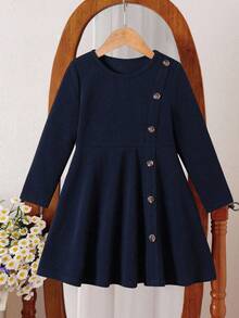 Tween Girl Solid Color Dress With Button Decor, Spring/Autumn - Royal Blue - View 2