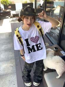 Heart Print Short Sleeve T-Shirt, Casual Loose Versatile Fashion Top, New Summer Collection White - White - View 2