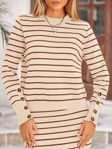 Women's Two Striped Sweater With Long Sleeve Knit Pullover Pencil Skirt Matching Travel Wear - Sọc Caramel - Xem 3