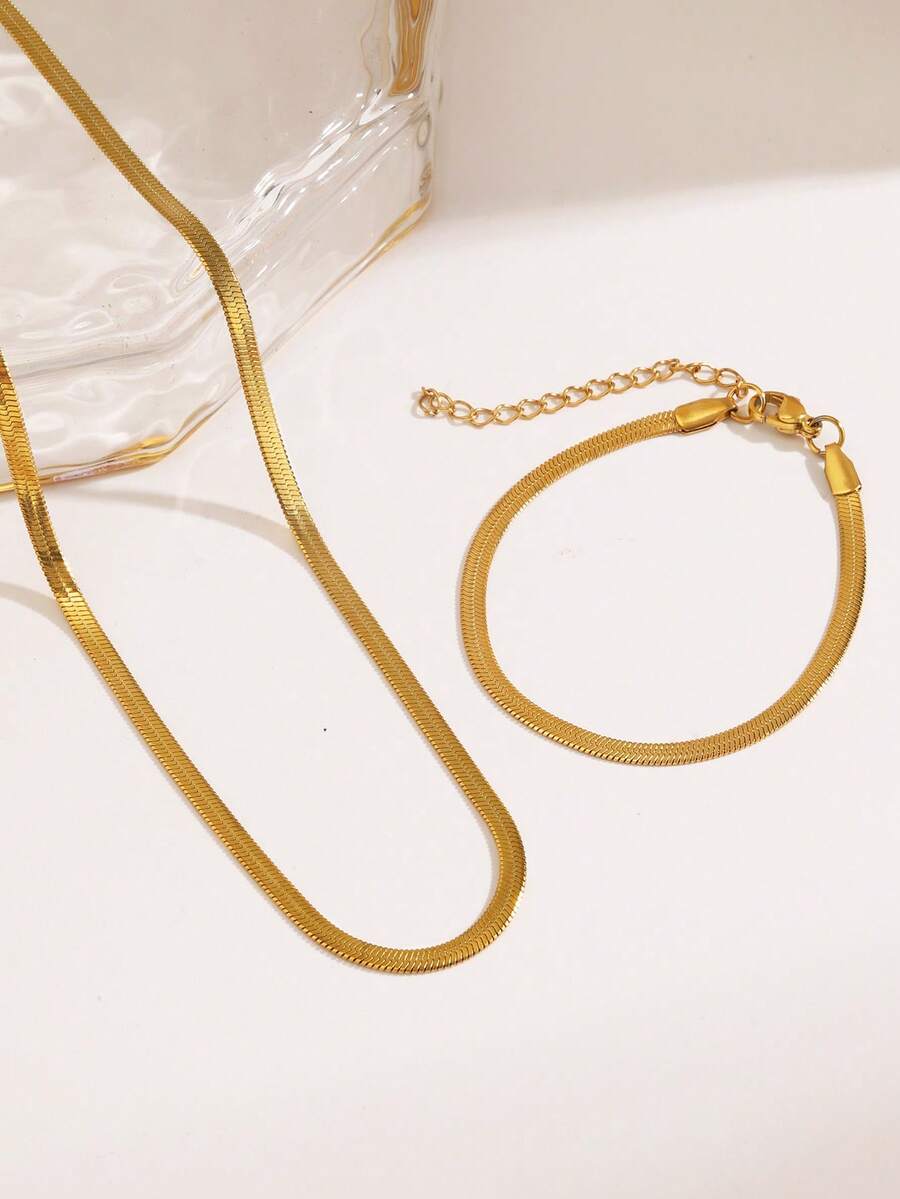 不锈钢防水不褪色简约金色蛇骨链项链和手链套装，适合女性日常佩戴 - 彩色 - 查看 1