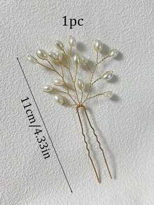 1pc Bridal Hair Accessory Handmade Faux Pearl Hair Fork, Elegant French Vintage Hair Clip, Metal Hair Pin, Beautiful Headpiece Perfect For Wedding And Party Tiaras - 金子 - 查看 4