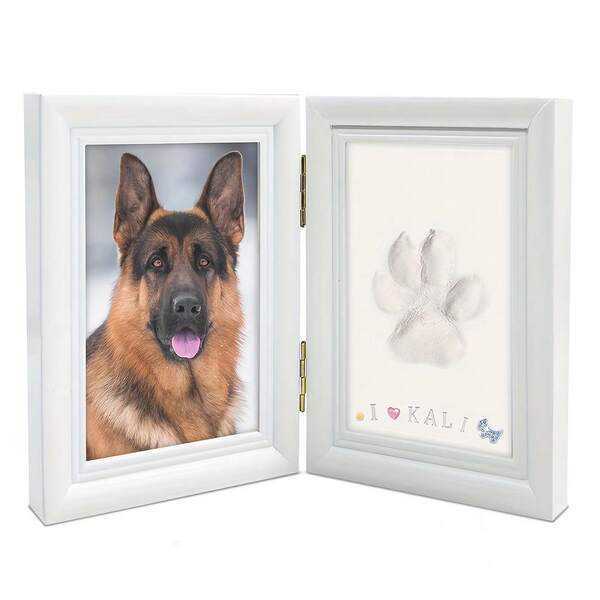 1pc Pet Paw Print Photo Frame, No Color Accessories, No Letter Board, Includes Clay Imprint Kit, Paw Print Making Kit, Cat Or Dog Memorial Gift, Pet Home Decor, Wooden Desktop Frame, Pure White