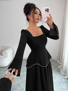 Vestido largo elegante para mujer de LilyHouse, vestido de noche romántico para fiesta de vacaciones con decoración de perlas, vestido de manga larga ajustado de cuello cuadrado, adecuado para vestido de fiesta elegante, boda, Día de San Valentín - Negro - Ver 7