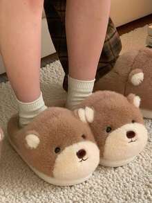 Dép đi trong nhà họa tiết gấu dễ thương màu nâu kaki thường ngày cho nữ, đế dày ấm áp, chống trượt, đế mềm thoải mái, mùa xuân/thu/đông - Màu Khaki - Xem 2