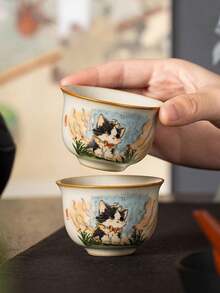 1/2件中国汝窑可爱猫咪茶杯，坐猫图案外沿小圆杯，个人马克杯，小容量水杯，适合农历新年送礼，拜访亲朋好友，茶友收藏 - 彩色 - 查看 1