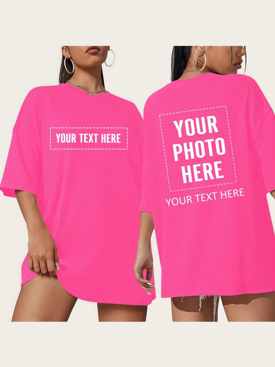 Customized Photo T-Shirt - Add Your Favorite Photos And Text (Girlfriend Photo/Couple Photo/Family Photo/Selfie/Pet Photo/Friend Photo) To Design Your Own Personalized Printed T-Shirt - Hot Pink - View 1