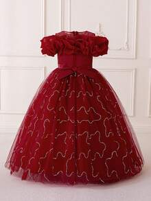 Tween Girls Ruffle Off-Shoulder Pink Party Dress, Floral Embroidery, Birthday Party, Wedding, Graduation Ceremony, Elegant Children Dress - Burgundy - View 2