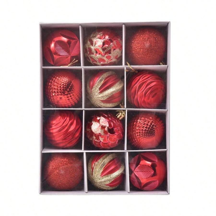 Weihnachtskugeln, 6 cm, 12er-Geschenkbox mit Weihnachtskugeln, Weihnachtsdekorationen, bemalte Weihnachtskugeln in Schachteln, Christbaumschmuck, Weihnachtsschaufensterdekorationen - Rot - Übersicht 1