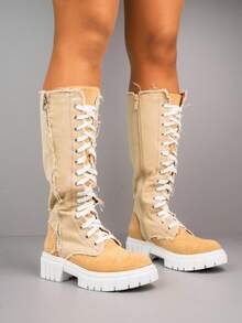 Kniehohe Winterstiefel zum Schnüren mit dicker Laufsohle - Beige - Übersicht 1