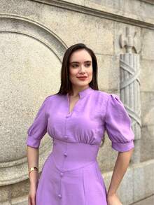 MARRANT PLAIN MIDI DRESS Simple Button Contrasted Waist WOMEN'S SUMMER FASHION - tử đinh hương - Xem 4