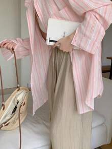 YUXIN 新品上市！透气舒适的粉色条纹女式衬衫。宽松版型，翻领长袖设计，可单穿或作为内搭。适合春夏穿着，通勤和休闲购物皆宜。女士衣橱必备单品，圣诞节/万圣节完美之选！ - 粉色 - 查看 9