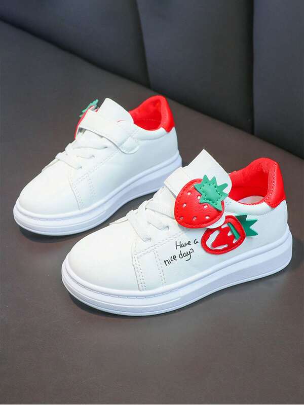 1 Pair Pink Strawberry Sneakers, Girls' Canvas Shoes, Tennis Shoes, Children's Hook And Loop Slip-On Casual Shoes