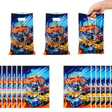 10 pièces Sacs cadeaux thème course automobile, sacs cadeaux pour fête d'anniversaire, décorations de fête, sacs surprises en plastique, sacs cadeaux nacrés, fournitures d'emballage pour fête d'anniversaire