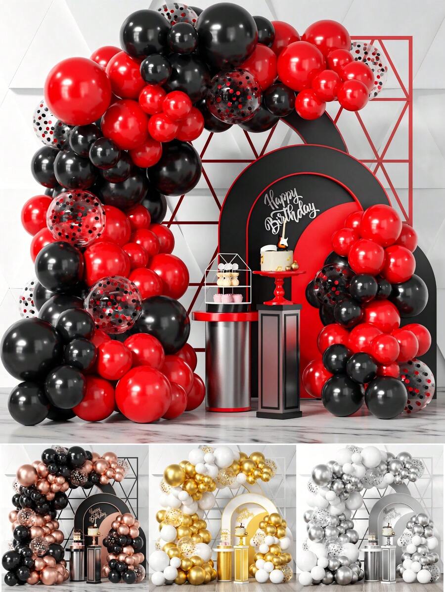 108 件红色和黑色气球花环套装，黑色和红色气球以及红色和黑色五彩纸屑气球拱门装饰，适用于婚礼、男孩/女孩生日、毕业典礼、烧烤、赌场派对、迎婴派对、周年纪念 - 彩色 - 查看 1