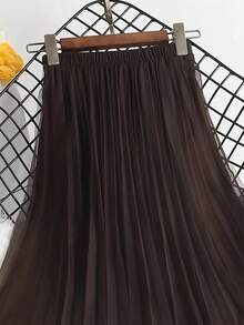女士优雅褶裥网纱A字半身裙，适合休闲或办公场合穿着，简约优雅 | 涤纶网纱半身裙，四季必备单品，百搭春夏半身裙 - 咖啡棕 - 查看 3