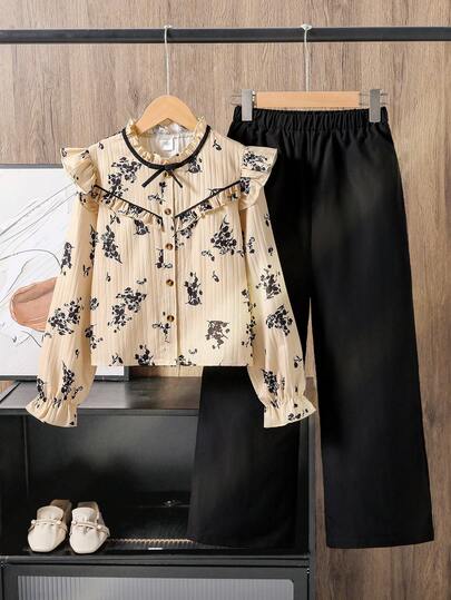 Left Mama Girls Elegant Vintage Floral Print Cap Sleeve Top & Straight Leg Pants Set