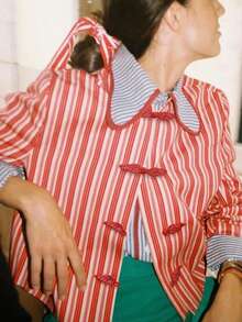 新款优雅条纹中式琵琶扣红白条纹长袖衬衫，适合感恩节、圣诞节、新年、节日、度假、日常穿着，春季皆宜。 - 紅杏 - 查看 3