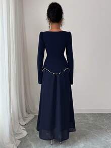 LilyHouse Women's Elegant Long Dress, Romantic Holiday Party Evening Gown With Pearl Decor, Square Neck Fitted Long Sleeve Dress, Suitable For Elegant Party Dress, Wedding, Valentine's Day - Navy Blue - View 3