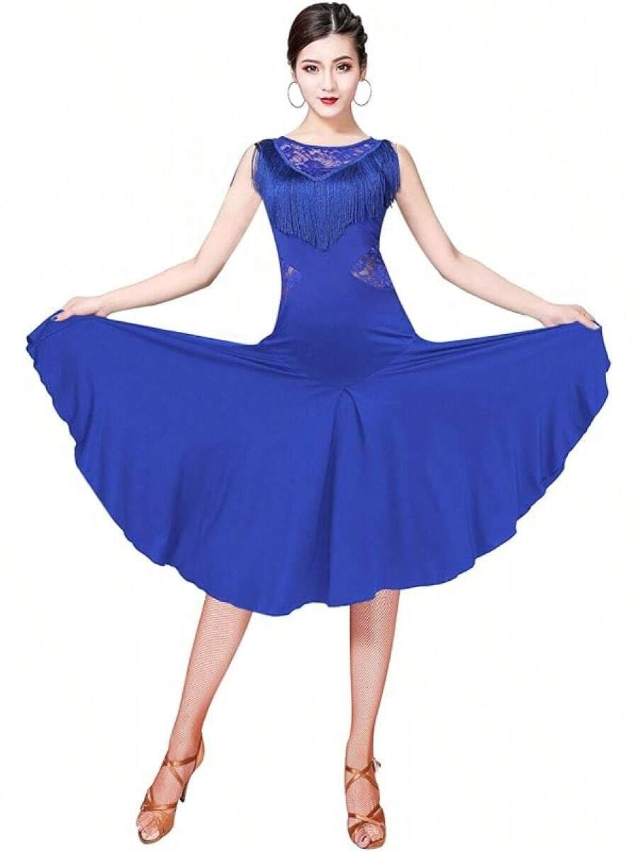 2025 New Model Ballroom Dance Dresses For Women Fringed Lace Back Salsa Latin Dance Dress With Shorts (5 Colors) - 寶藍色 - 查看 1