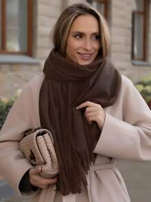 1条女士简约纯色仿羊绒围巾，学院风披肩，适合换季时节、日常佩戴，防风保暖，秋季搭配连衣裙 - 咖啡色 - 查看 1