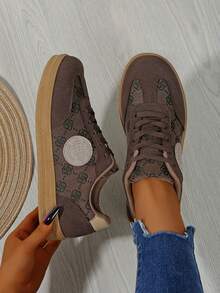 女士系带休闲运动鞋，纯色，平底，户外运动休闲跑步鞋，春秋季 - 棕色 - 查看 2