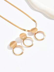 3pcs Elegant Necklace + Earrings Jewelry Set For Women, Fashionable Golden Flat Snake Chain, Geometric Striped Disc, Faux Pearl Heart Pendant Combination Design, Choker Necklace For Daily, Holiday, All Seasons, High-End Gift Accessory - Golden - View 4