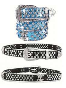 水钻腰带，骷髅设计，男女通用，高品质皮带 - 彩色 - 查看 13