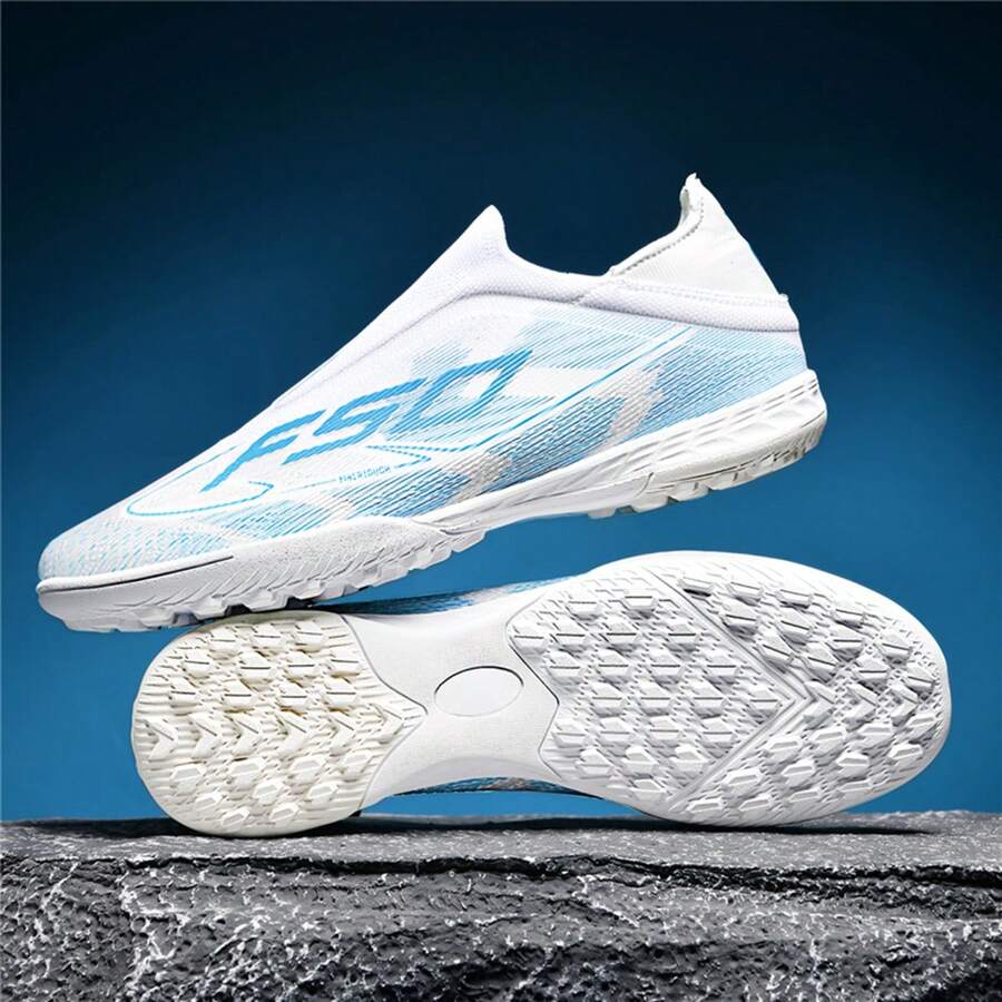 Laceless Sock-Style Insole And Seamless Rubber Outsole Football Shoes | Men's & Youth Slip-On Artificial Turf Soccer Cleats | Multi-Terrain Football/Training Shoes For Indoor/Outdoor Practice - White and Blue - View 1