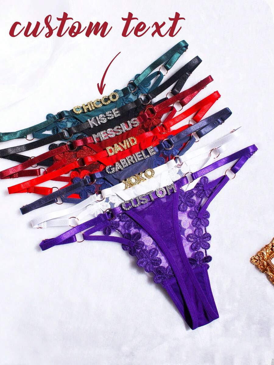 Customized Name Crystal Letter Thong, Sexy Women Lace Bikini Briefs, T-Back Triangle Panties, Personalized Gift For Girlfriend/Wife, Ideal For Birthday, Anniversary, Valentine's Day, Christmas, Halloween, Thanksgiving - Multicolor - View 1