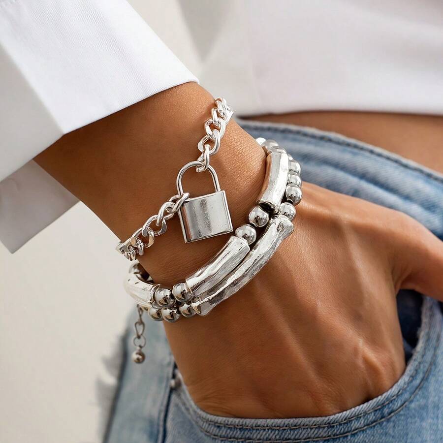 3pcs Elegant Silver Beaded Punk Lock Bracelet Set