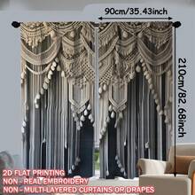2pcs Boho Macrame Fabric Printed Curtains, Single-Sided Print, Fade-Resistant, Soft, Draping, Thick, Blackout, Machine Washable, Rod Pocket Design, Suitable For Bedroom, Bathroom, Living Room, Closet, Office, Vintage Gift