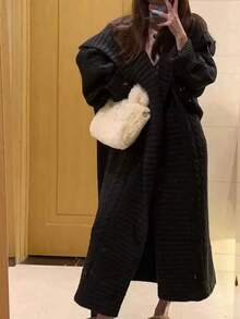 Solid Open Front Loose Knit Cardigan, Casual Long Sleeve Long Length Sweater With Pocket, Women's Clothing - Black - View 4