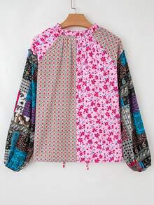 Acelitt Blusa casual de mujer con estampado floral mixto, escote en V, mangas abultadas y hombros descubiertos, estilo bohemio, adecuada para usar de vacaciones en primavera/otoño - Multicolor - Ver 5