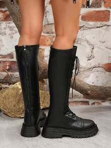 女士秋冬新款小巧高筒靴黑色厚底过膝靴马靴过膝皮靴系带后拉链设计高筒靴 - 黑色 - 查看 8