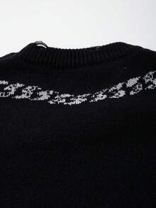 Men's Casual Loose Solid Color Pullover Sweater With Cross And Rose Graphic, Vintage American Gothic Style, Long Sleeve Knitted Top For Autumn And Winter - Black - View 10