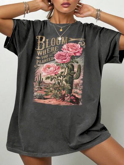 Plus Size Bloom Where You Are Planted Desert Rose And Cactus Graphic Round Neck Short Sleeve Tee
