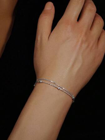 1pc Simple & Personalized S925 Sterling Silver Double Layer Beaded Chain Fashion Bracelet For Women To Wear On Daily Basis Or Dates