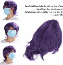 Peluca de Cosplay Morada para Hombres, Peluca Corta de Anime Masculino para Todos los Días, Peluca de de Cosplay para de Disfraces de Halloween, Peluca Sintética Resistente Al Calor Natu - 1 - Ver 4