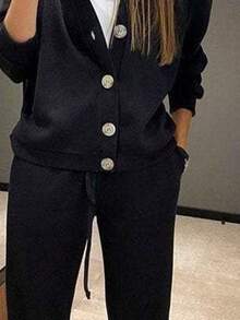 YI XUAN Plus Size Women's 2-Piece Set, Casual Knit Button-Up Cardigan Jacket And Drawstring Pants Black Spring Elegant - Black - View 6