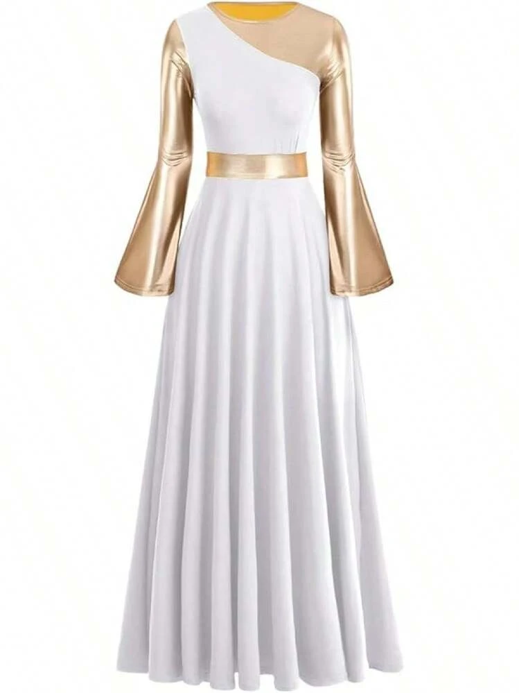 white and gold praise dance dress IBAKOM Liturgical Praise Dance Worship Long Dress For Women Metallic Gold  Color Block Loose Fit Full Length Church Dancewear