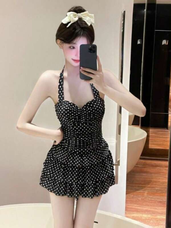 Women's Polka Dot One-Piece Swimsuit With Ruffles, Stylish, Figure-Shaping All-In-One, Cute And Sexy, Modest And Elegant, Perfect For Moms, Summer Beach, And Pool Wear