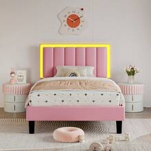 Upholstered Bed Frame With LED Lights, Modern PU Leather Platform Bed With Headboard, White/ Black/ Pink,Twin/ Full/ Queen/ King * Bed Frame Queen Queen Bed Frame Bed Frame Full Full Size Bed Frame Bed Frame King King Size Bed Frame Bed Frame Twin Twin Bed Frame (USB LED Strip) - 粉色 - 查看 10